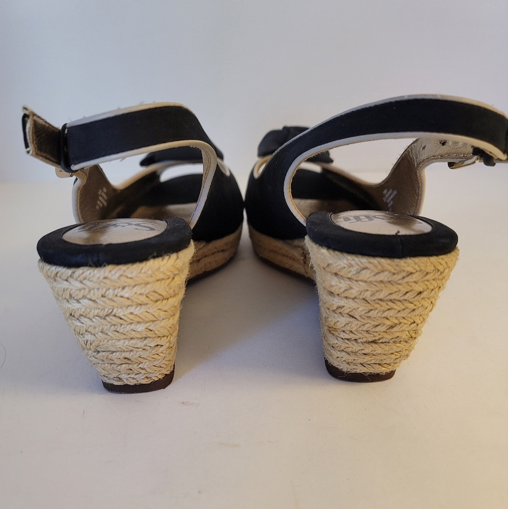 Sofft Espadrille Wedge Peep Toe Sandals Jute Heel Black Gold 8 - Picture 7 of 9